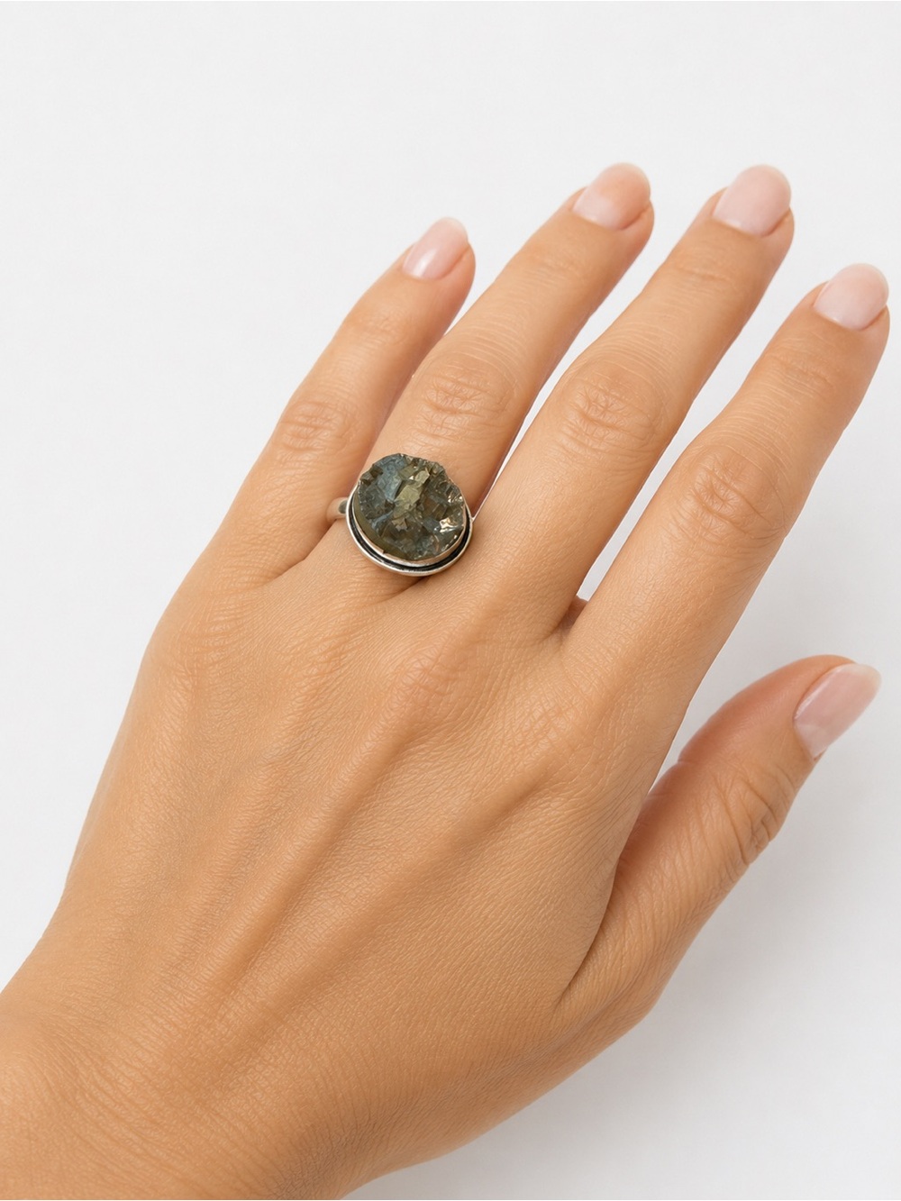 Sterling Silver Pyrite Druzy Tear Ring